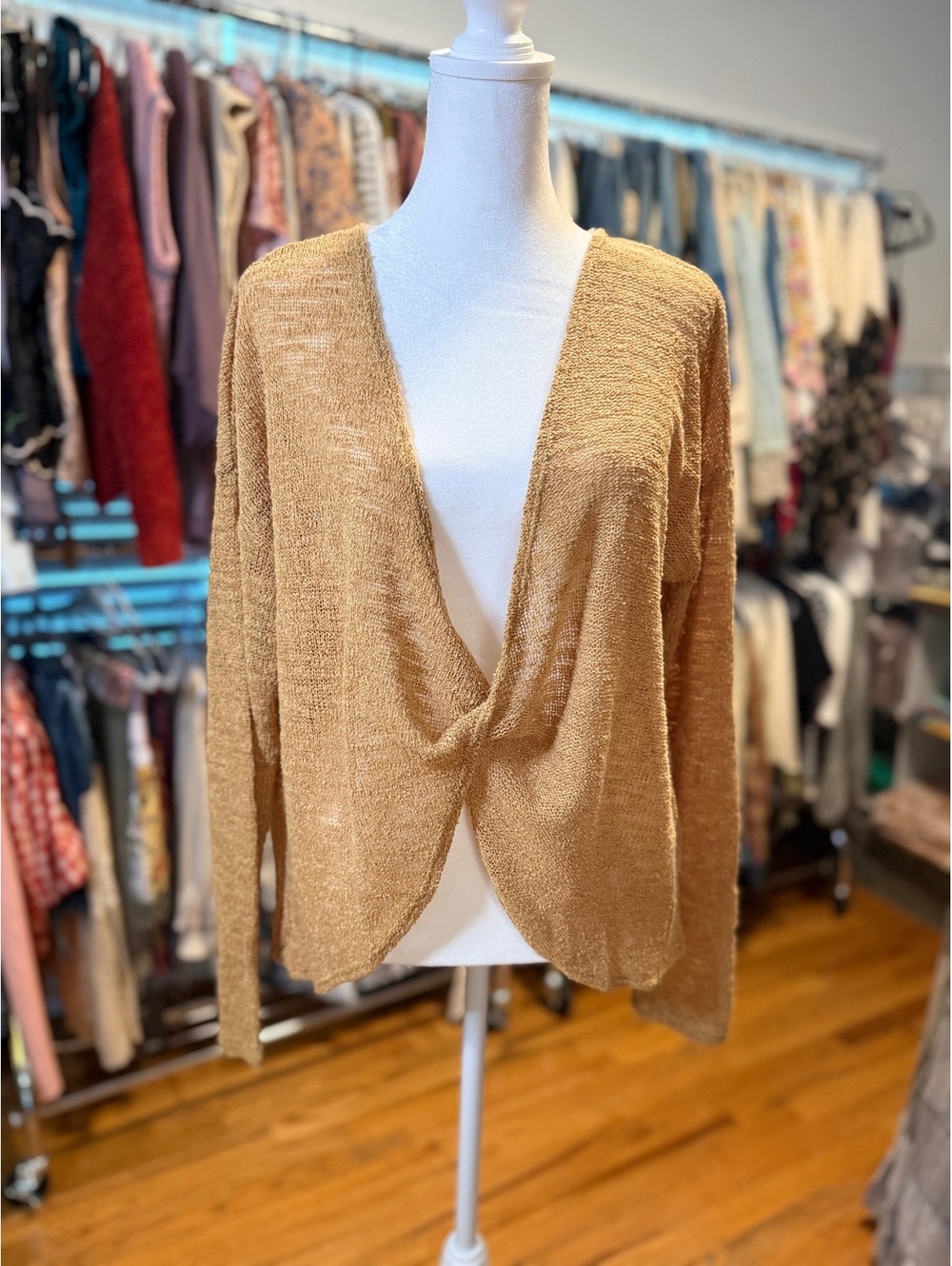 SAGE THE LABEL Twist Front Lightweight Knit Sweater Camel Medium NWOT